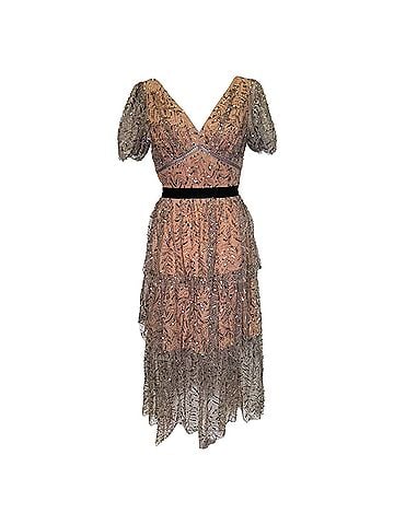 Self-Portrait Self-Portrait Tiered Sequined Tulle Midi Dress in Beige Polyester (view 1)