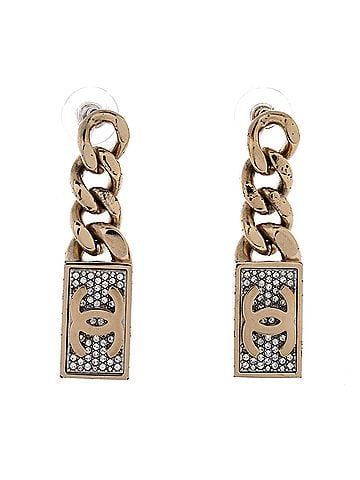 Chanel CC Dog Tag Charm Drop Earrings Metal with Crystals (view 1)