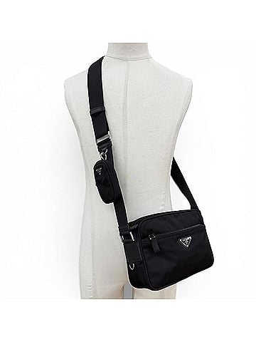 Prada PRADA 1BC167 Nylon Re-Nylon Triangle Logo Plate Shoulder Bag Black Silver Hardware Made in Italy Men's (view 2)