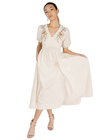 In Loom The Shanda Embroidered Midi Dress in Buttercream Cocktail Dress (view 1)