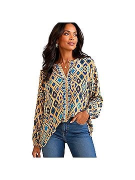 Johnny Was Ikat Silk Blend Sheer Blouse Long Sleeve Button-Down Shirt (view 1)