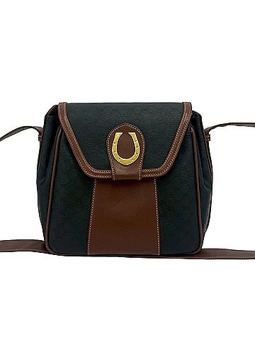 Gucci GUCCI Vintage Micro GG Pattern Leather Shoulder Bag with Horsebit Hardware, Brown/Black, 24491 (view 1)