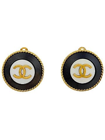Chanel Chanel earrings, Coco Mark, round, GP gold, black, women's. (view 1)