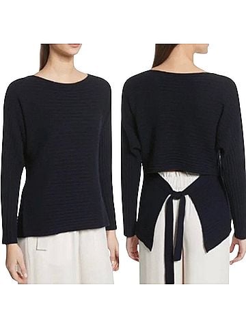 Vince. Vince Cashmere wool Wool Ribbed Split Tie Back Sweater in Navy Pullover Sweater (view 1)