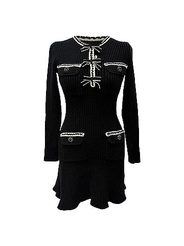 Self-Portrait Self-Portrait Ribbed Knit Mini Dress in Black Cotton (view 1)