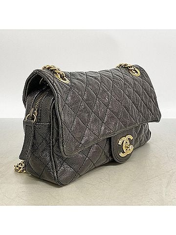 Chanel Chanel Matelassé Shoulder Bag, Double Chain, Caviar Leather, Black, Women's (view 2)