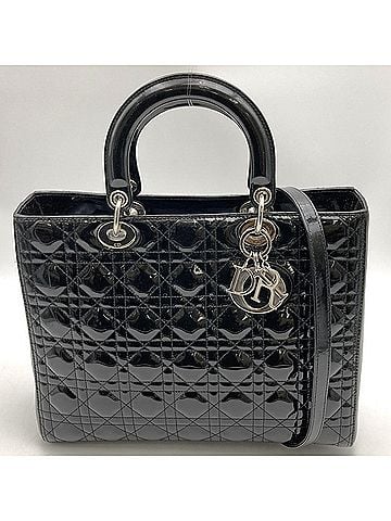 Christian Dior Christian Dior Dior Lady Large Handbag/Shoulder Bag, 2-way, Enamel Patent Leather, Black, Women's (view 1)