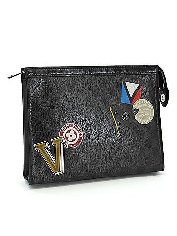 Louis Vuitton LOUIS VUITTON Louis Vuitton Pochette Voyage MM N64442 LV League Clutch Bag Damier Graphite Canvas Patch Label Black Men's (view 1)