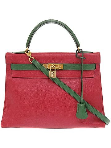 Hermès Hermes Kelly 32, inside stitching, bicolor, Courchevel leather, Rouge Vif Vert, gold hardware, ?X stamp (made in 1994), handbag, 0797HERMES (view 1)