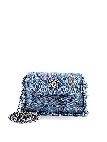 Chanel Denim Mood Flap Clutch with Chain Logo Printed Quilted Fringe Denim (view 1)