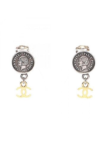 Chanel Chanel Coco Mark Medallion Swing Earrings, Stainless Steel, Gold Plated (GP), Women's, Silver/Gold Tone (view 1)