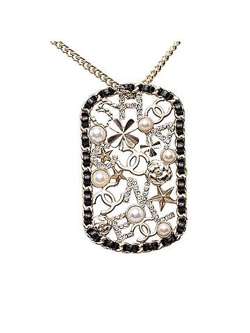 Chanel Chanel Coco Mark Logo Clover Camellia Chain Necklace Gold Black Plated Faux Pearl Leather Women's CHANEL (view 1)