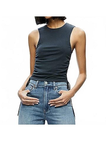 Alice + Olivia Chrissy Crewneck Ruched Crop Top in Black (view 2)