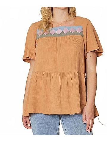 Entro Geometric Design Peplum Top - Plus in Butter Rum (view 2)
