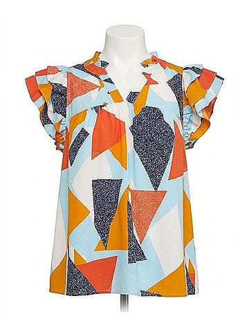 Entro Geometric Ruffle Sleeve Top in Blue (view 1)