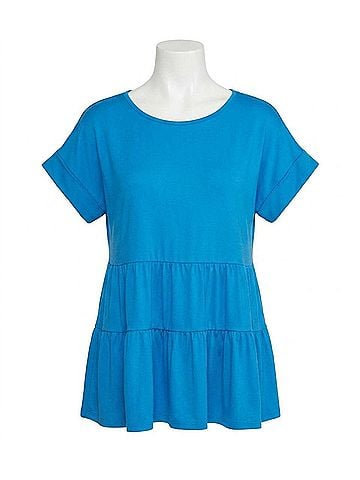 Entro Round Neck Short Sleeve Tiered Top in Blue (view 1)