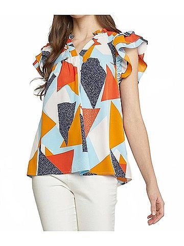 Entro Geometric Ruffle Sleeve Top in Blue (view 2)