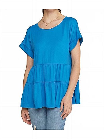 Entro Round Neck Short Sleeve Tiered Top in Blue (view 2)