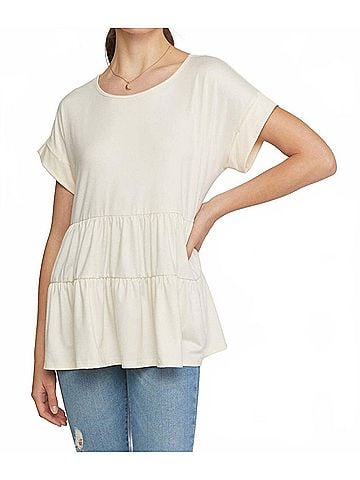 Entro Round Neck Short Sleeve Tiered Tunic in Cream (view 2)
