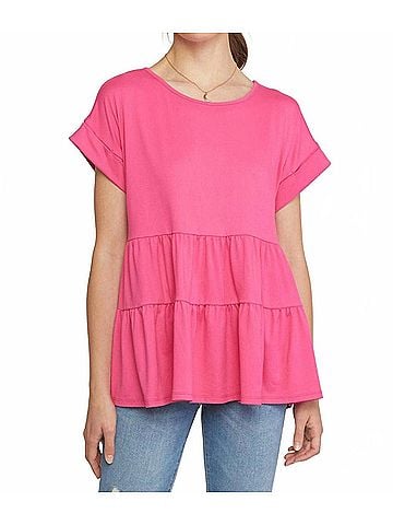 Entro Round Neck Short Sleeve Tiered Tunic in Pink (view 2)