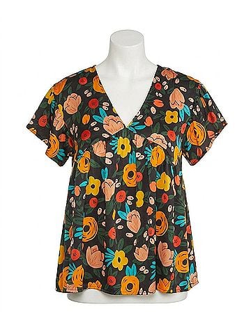 Entro Floral Babydoll Flutter Sleeve Top in Black (view 1)