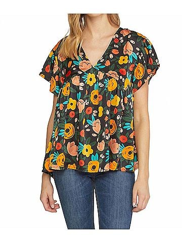 Entro Floral Babydoll Flutter Sleeve Top in Black (view 2)
