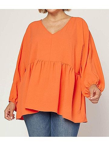 Entro Textured Long Sleeve Babydoll Top - Plus in Orange (view 2)