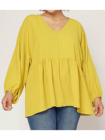 Entro Textured Long Sleeve Babydoll Top in Gold Kiwi (view 2)