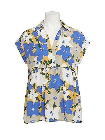 Entro Floral Print V-Neck Top in Blue (view 1)