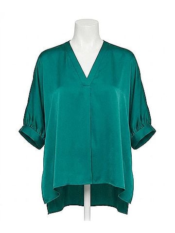 Entro Satin V-Neck Placket Blouse - Plus in Green (view 1)