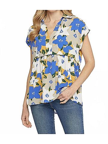Entro Floral Print V-Neck Top in Blue (view 2)