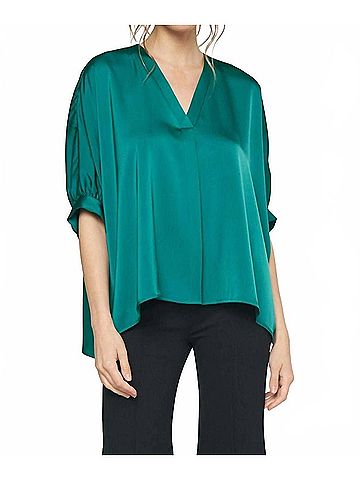 Entro Satin V-Neck Placket Blouse - Plus in Green (view 2)