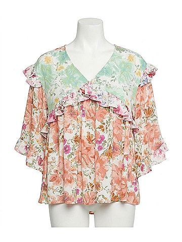 Entro Ruffled &amp; Floral Top in Peach/ Green (view 1)