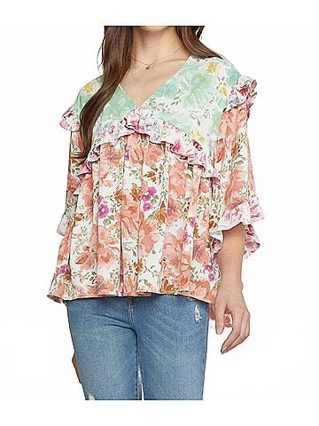 Entro Ruffled &amp; Floral Top in Peach/ Green (view 2)