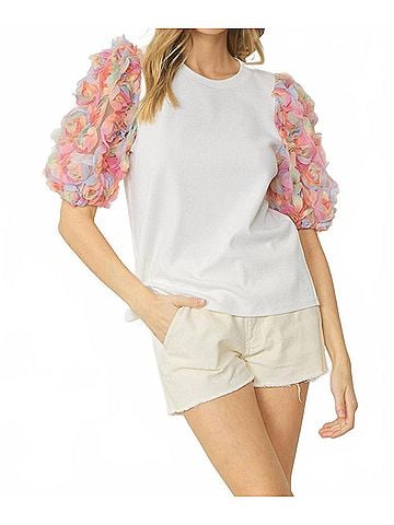 Entro Floral Puff Sleeve Top in White (view 2)