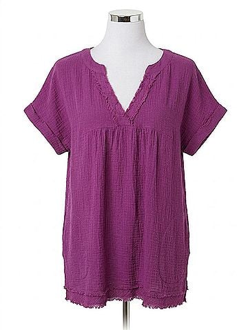Entro Fringe &amp; Pocket Gauze Tunic in Plum (view 1)