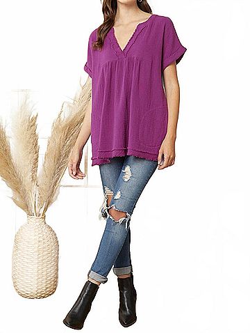 Entro Fringe &amp; Pocket Gauze Tunic in Plum (view 2)