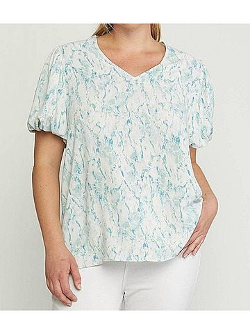 Entro Watercolor Puff Sleeve Blouse in Green (view 2)