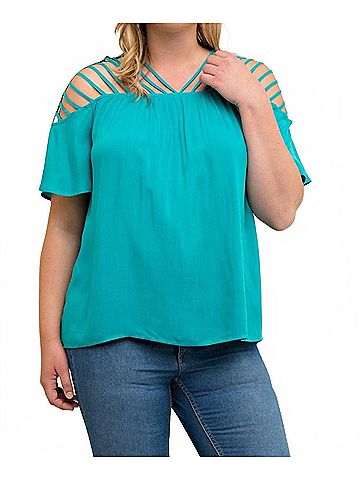 Entro Strappy Short Sleeve Top - Plus in Jade (view 2)