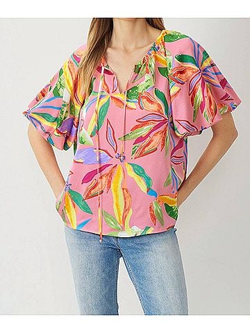 Entro Floral Bubble Sleeve Blouse - Plus in Pink (view 2)