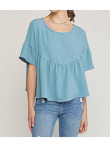 Entro Round Neck Babydoll Top in Blue (view 2)