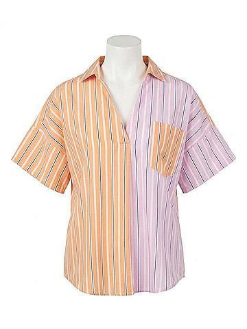 Entro Striped Color Block Top in Pink/Orange (view 1)