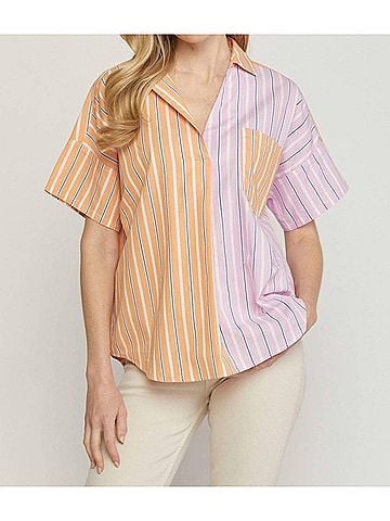 Entro Striped Color Block Top in Pink/Orange (view 2)