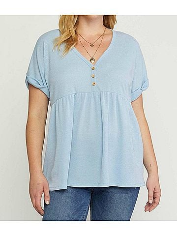 Entro Waffle Knit Babydoll Top in Light Blue (view 2)