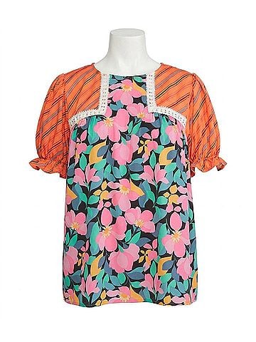 Entro Mixed Print &amp; Lace Blouse - Plus in Black Multi (view 1)