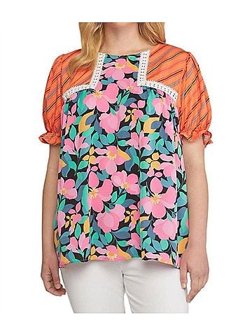 Entro Mixed Print &amp; Lace Blouse - Plus in Black Multi (view 2)