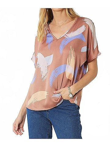 Entro Brushstroke V-Neck Top in Brown (view 2)