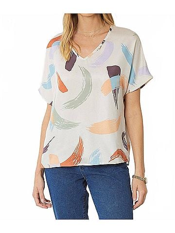 Entro Brushstroke V-Neck Top in Natural (view 2)
