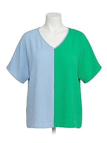 Entro Color Block V-Neck Top in Green &amp; Blue (view 1)