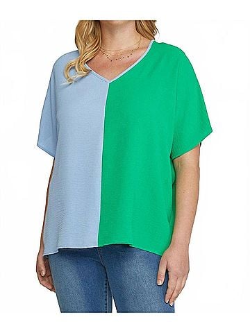 Entro Color Block V-Neck Top in Green &amp; Blue (view 2)
